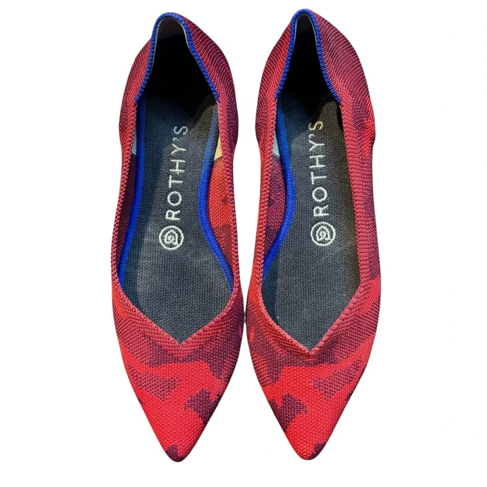 Rothy's The Point Shoes Womens Size 7.5 Red Purple Camo‎ Flats Knit Washable Eco